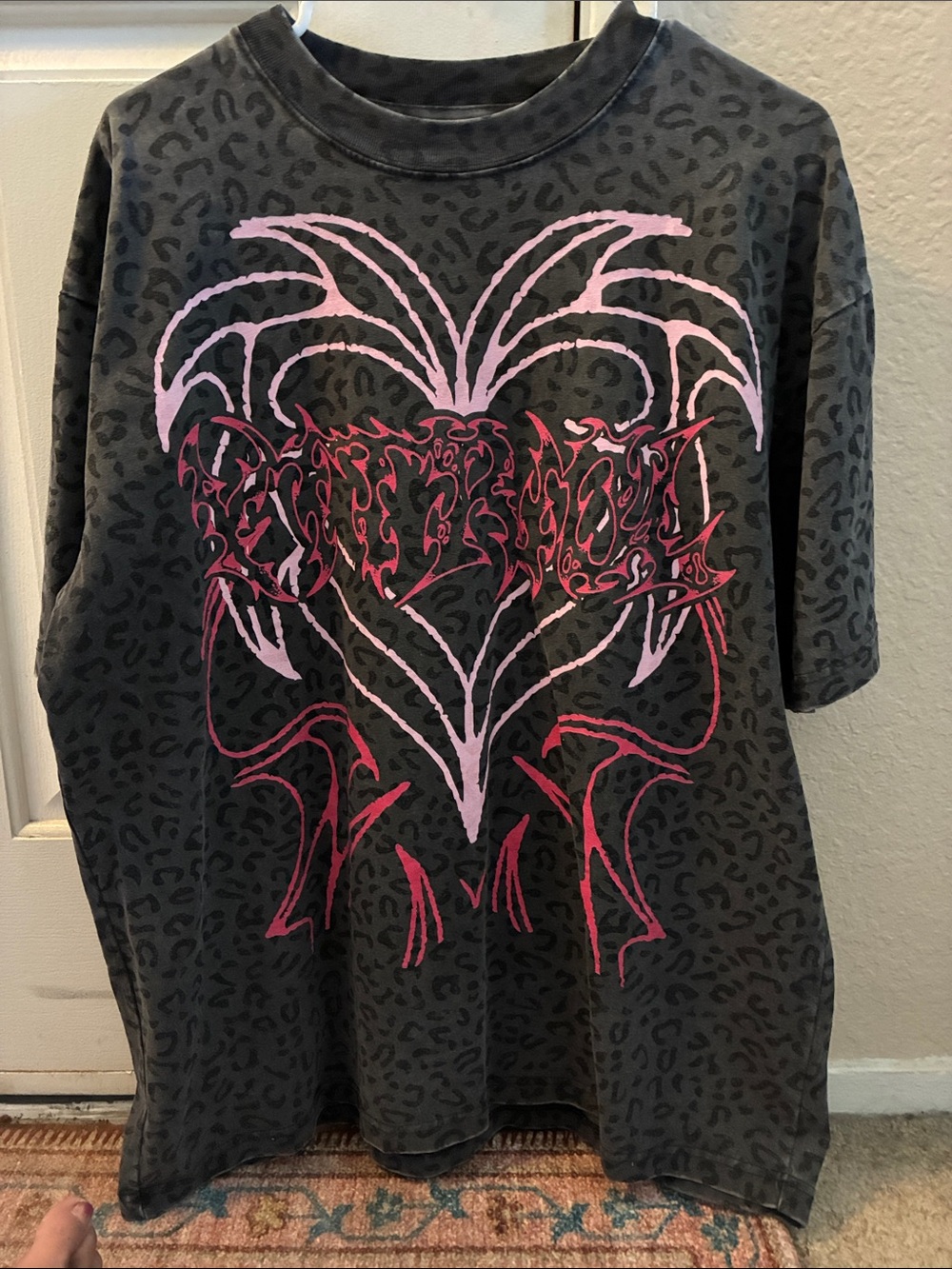 Dark Leopard Graphic Tee with Pink & Red Tribal Heart